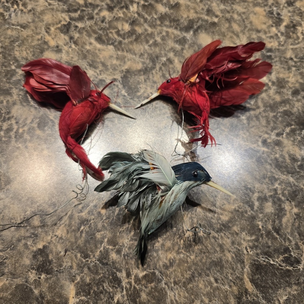 Vintage‎ Feather Birds Lot of 3 – Red & Blue Artificial Birds with Real Feathers